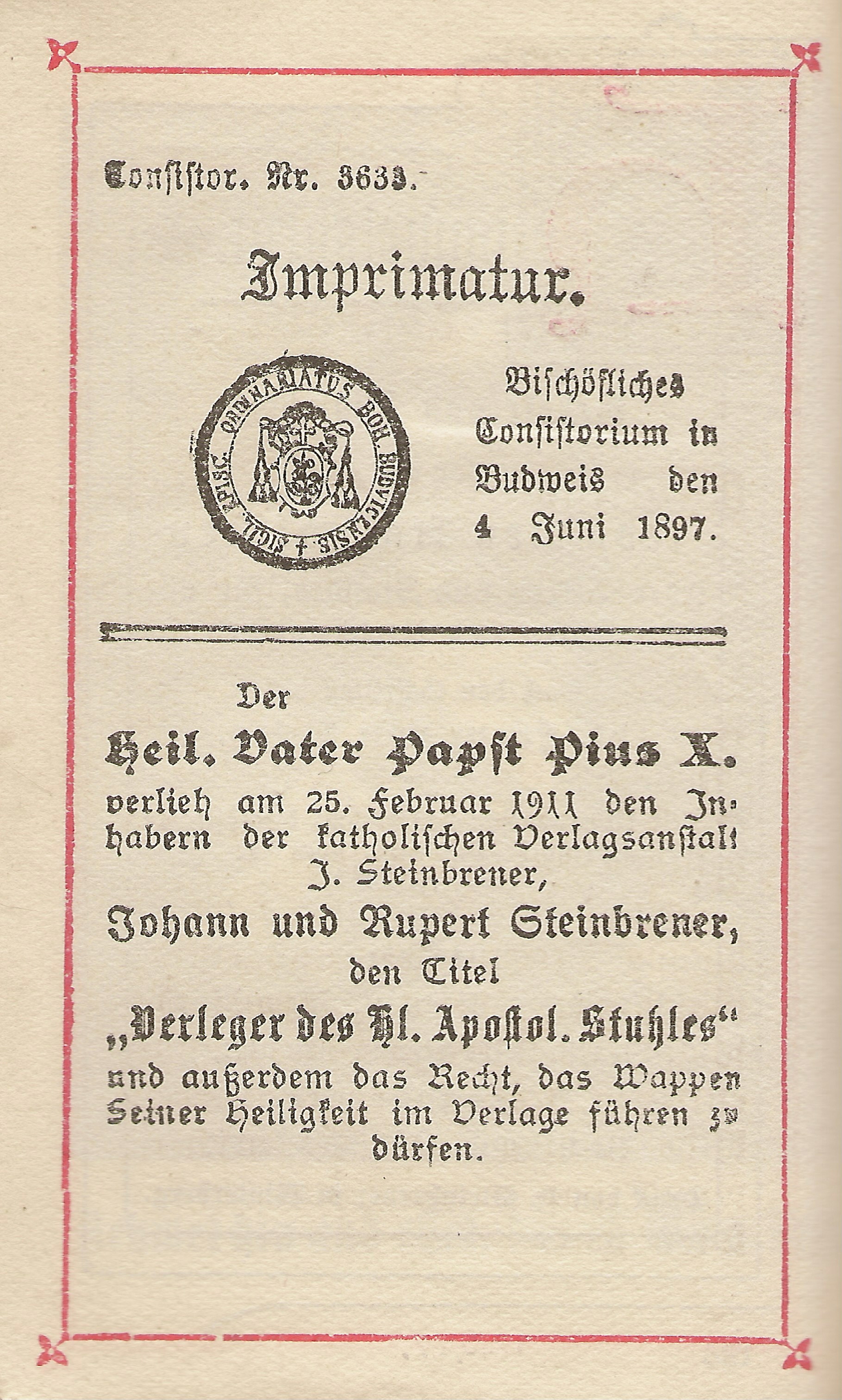 A printed page headed Imprimatur, with a round episcopal seal and the date 4 Juni 1897, inside a red ruled border